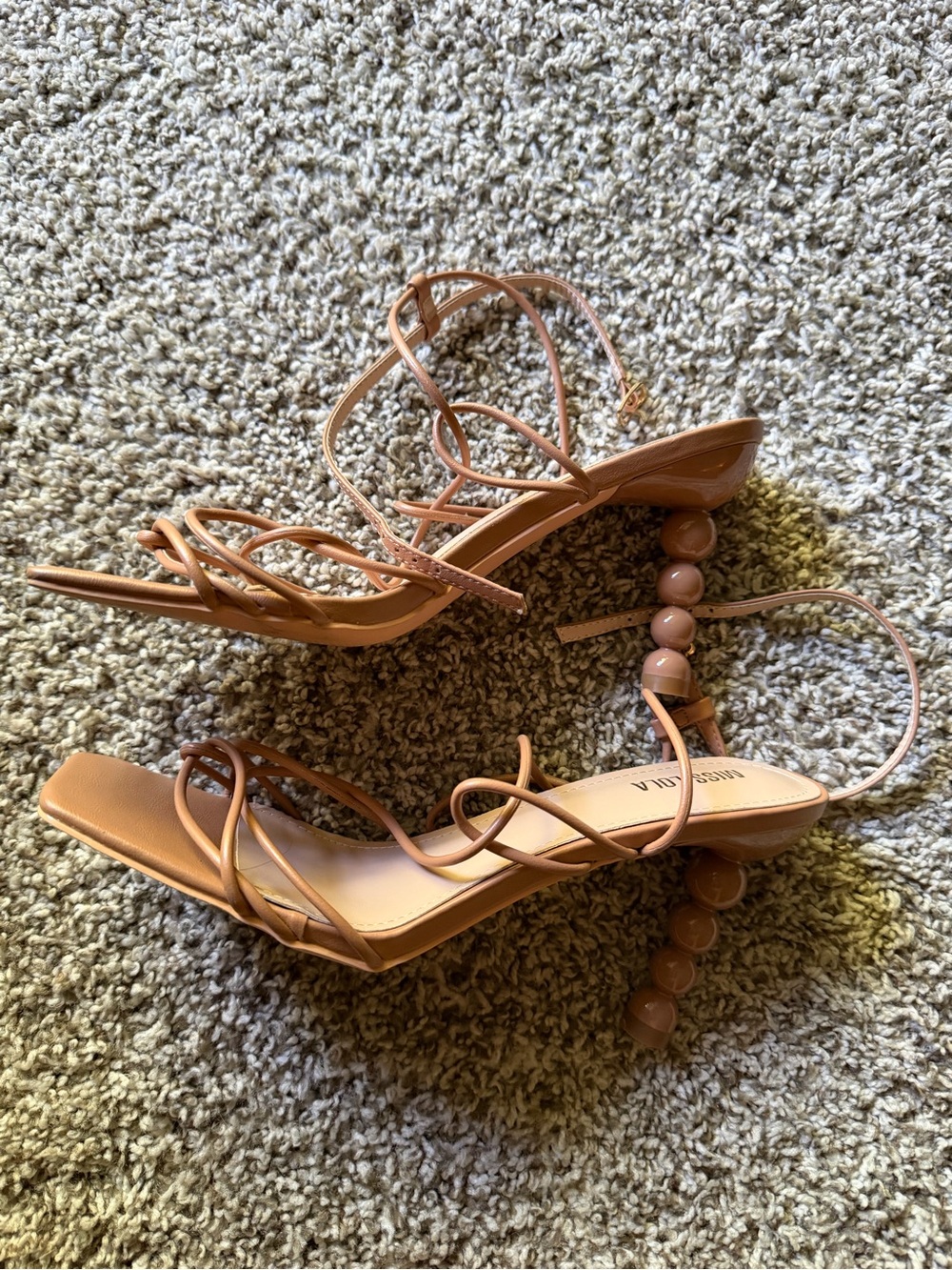 Miss Lola Strappy Beaded Heel Sandals in Tan